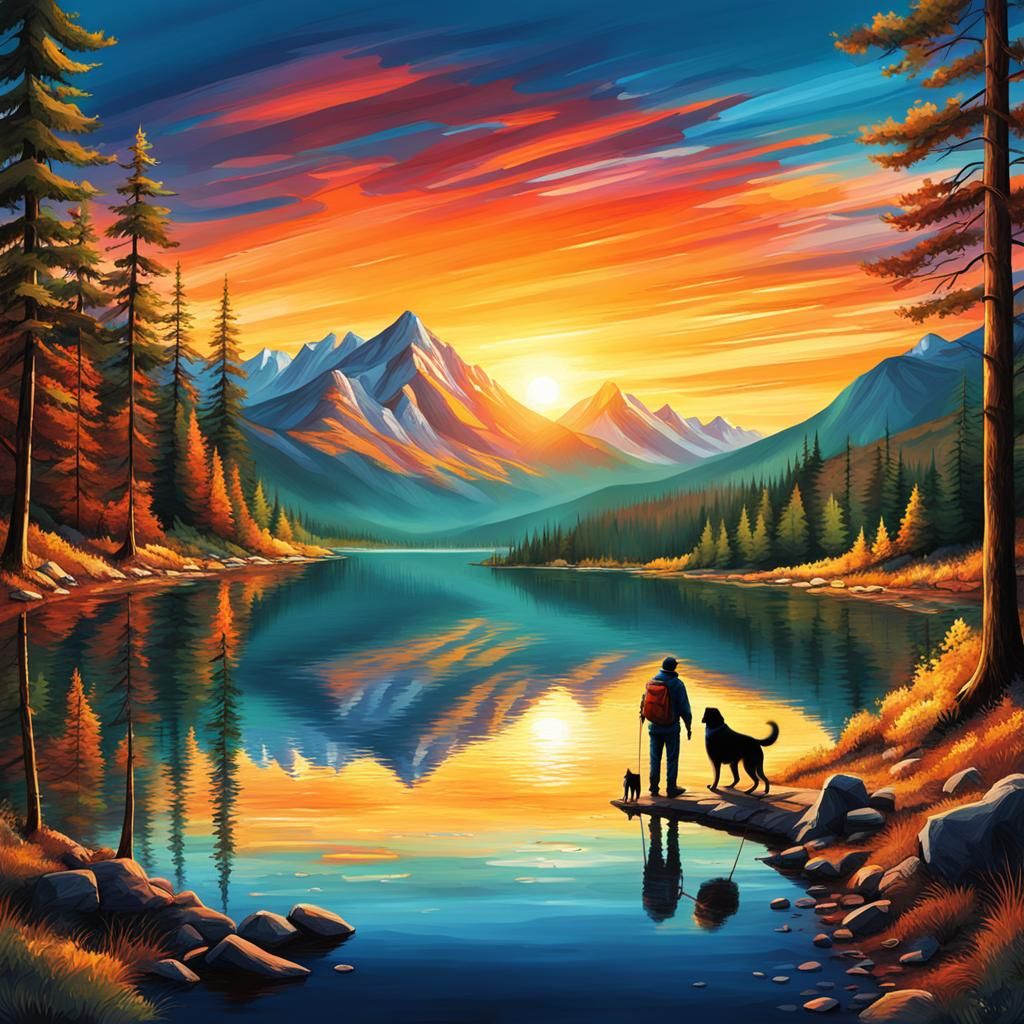 Man and Dog Camping in Woods at Sunset