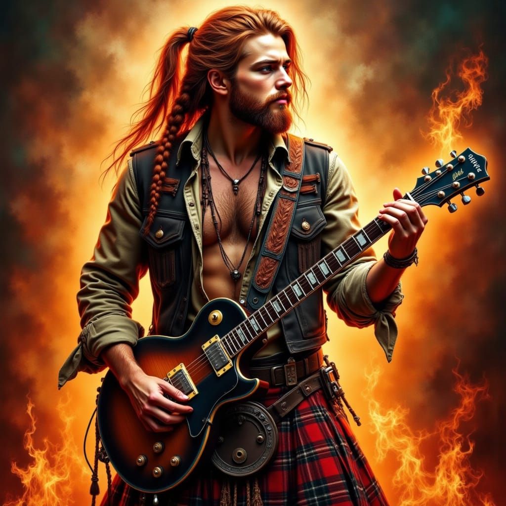 Rocker in Burning Kilt Plays Electro Guitar