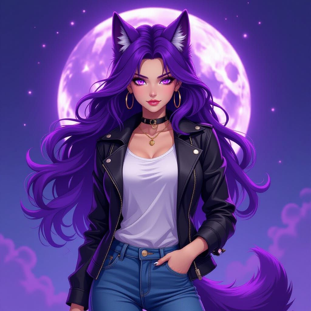 Mysterious Werewolf Enchantress Under Purple Moonlight