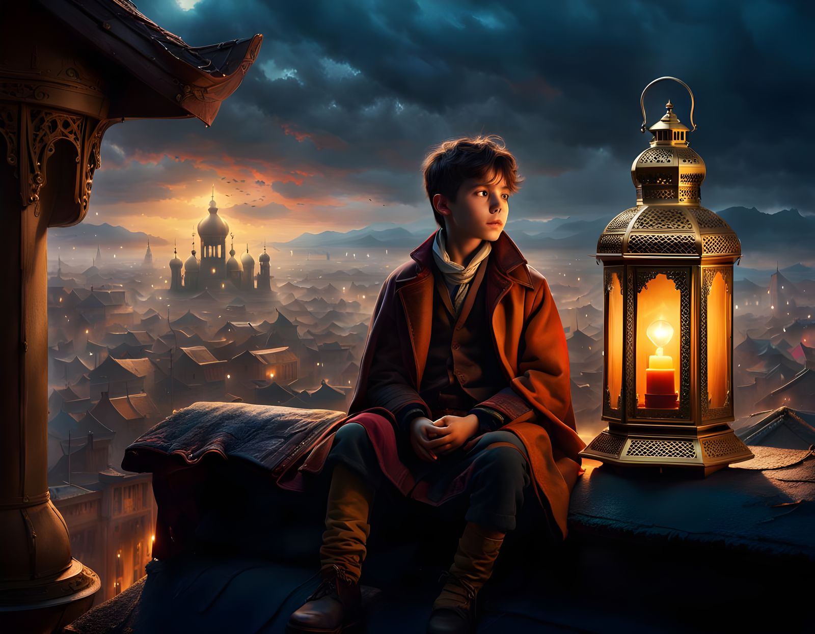 Boy on Roof Observes Refugees, 19th Century Art