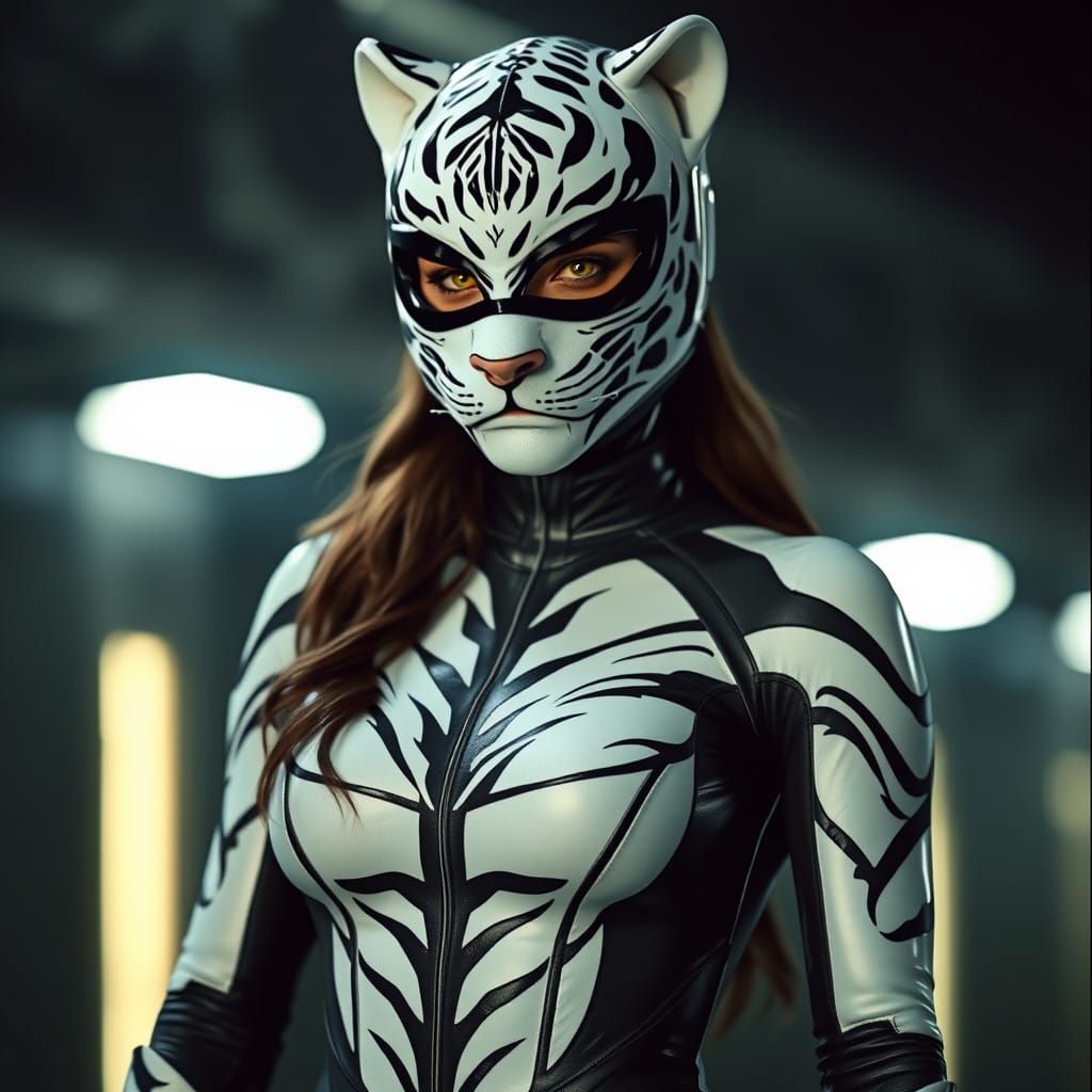 Heroine in Tiger-Inspired Superhero Costume with Yellow Eyes