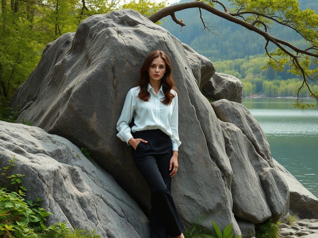 Woman in White Blouse Leans on Grey Rock by Water
