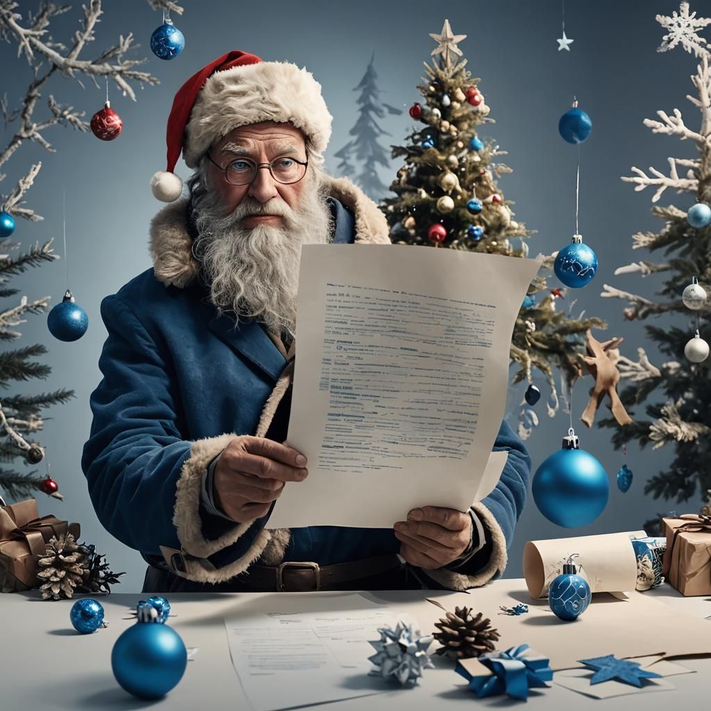 ein schöner Nikolaus mit einem Zettel eine Aufzählung Weihnachtsdekoration  einer Aufzählung in blauen Design Schriftzug...