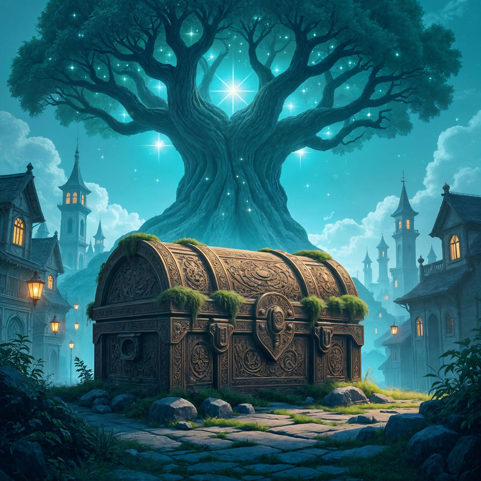 Bioluminescent Tree and Stone Chest in Solarpunk City