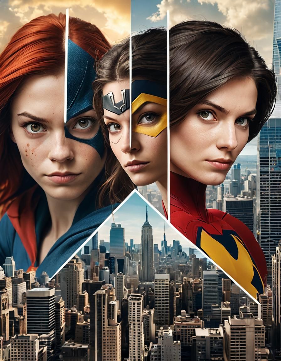 Woman and Superhero Split Portrait Over Cityscape
