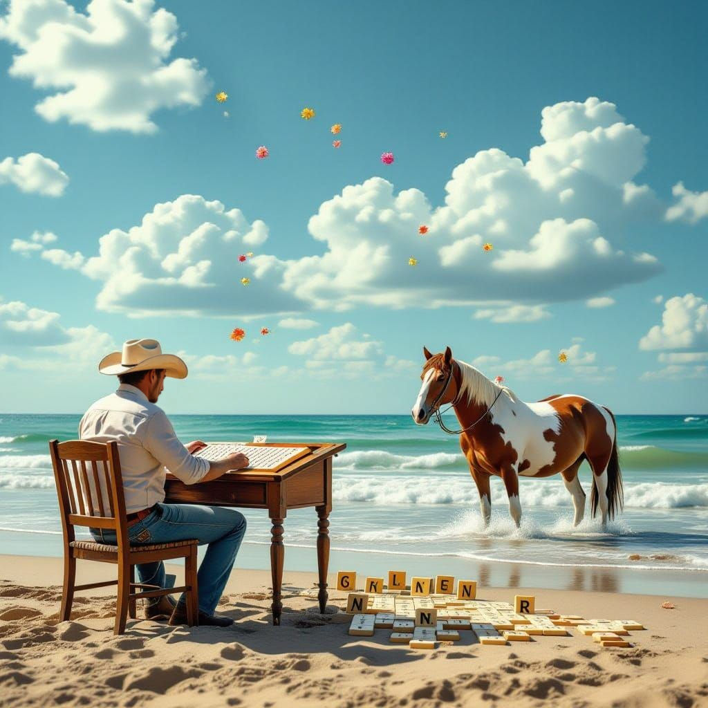 Man Plays Scrabble on Beach with Pinto Horse in Flowered Sky