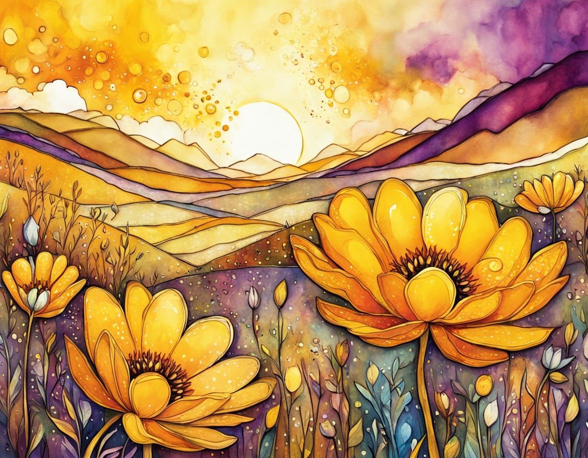 Vibrant Yellow Flower Sunset Alcohol Ink Art