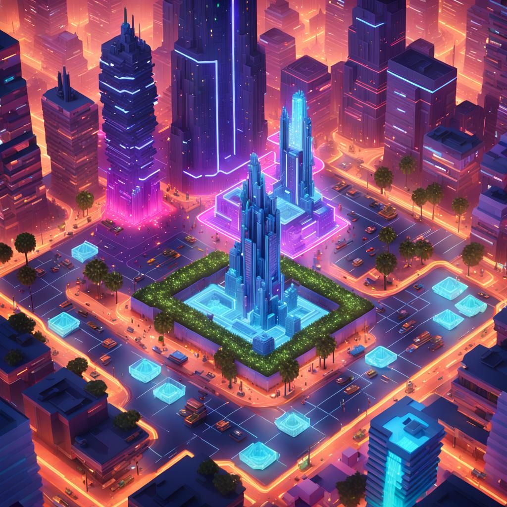 Vibrant Low-Poly Sci-Fi Cityscape with Neon Lights