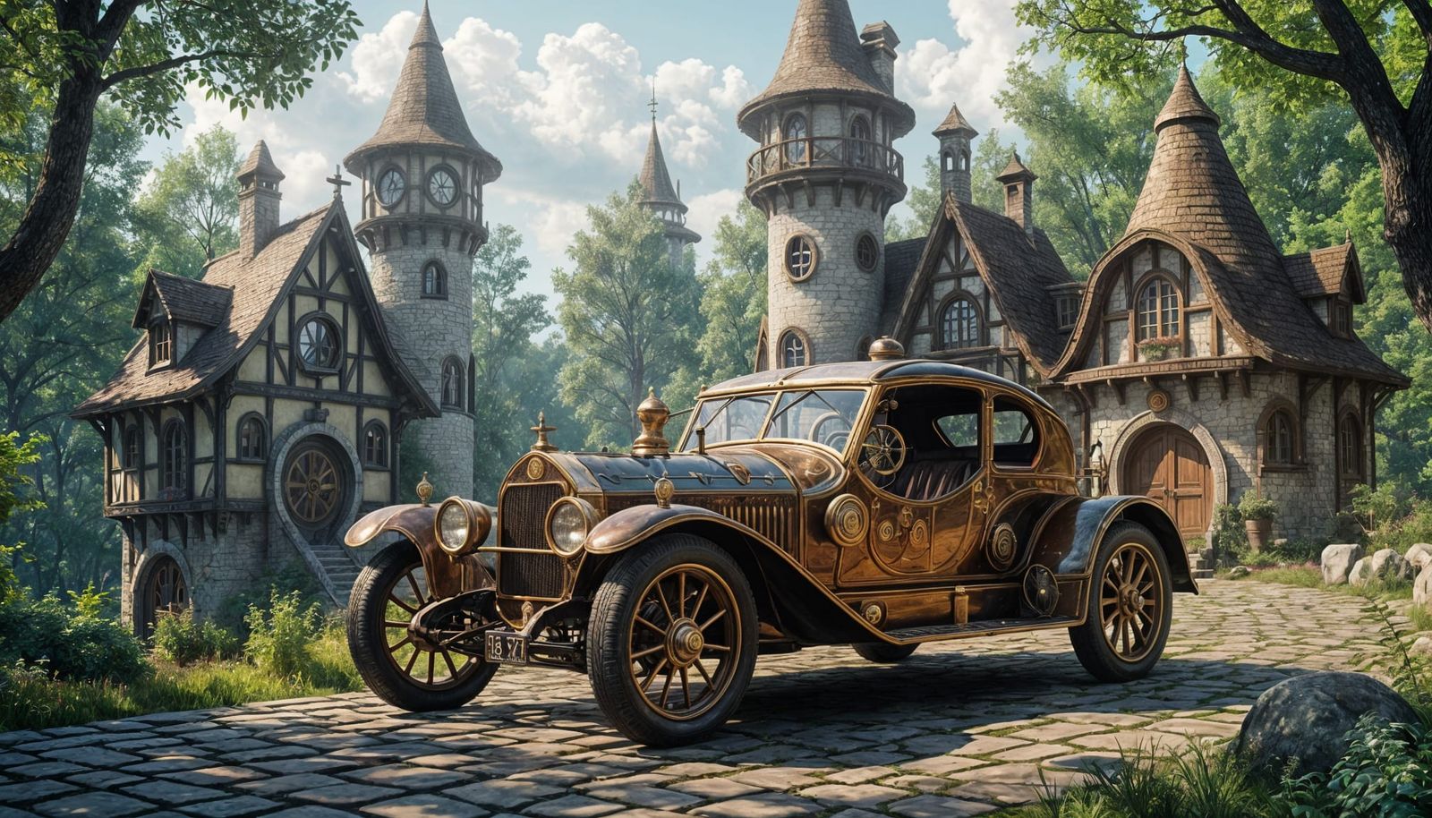 Steampunk Clockwork Car Among Elven Cottages