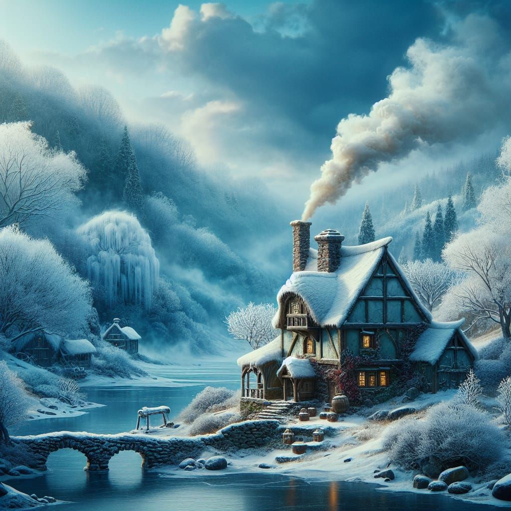 Winter Wonderland Cobblestone House in Matte Painting