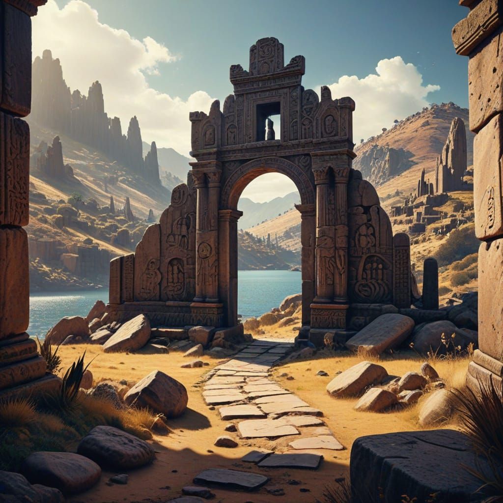 Ancient Tiahuanaco Ruins by Lake Titicaca, Sepia Tones