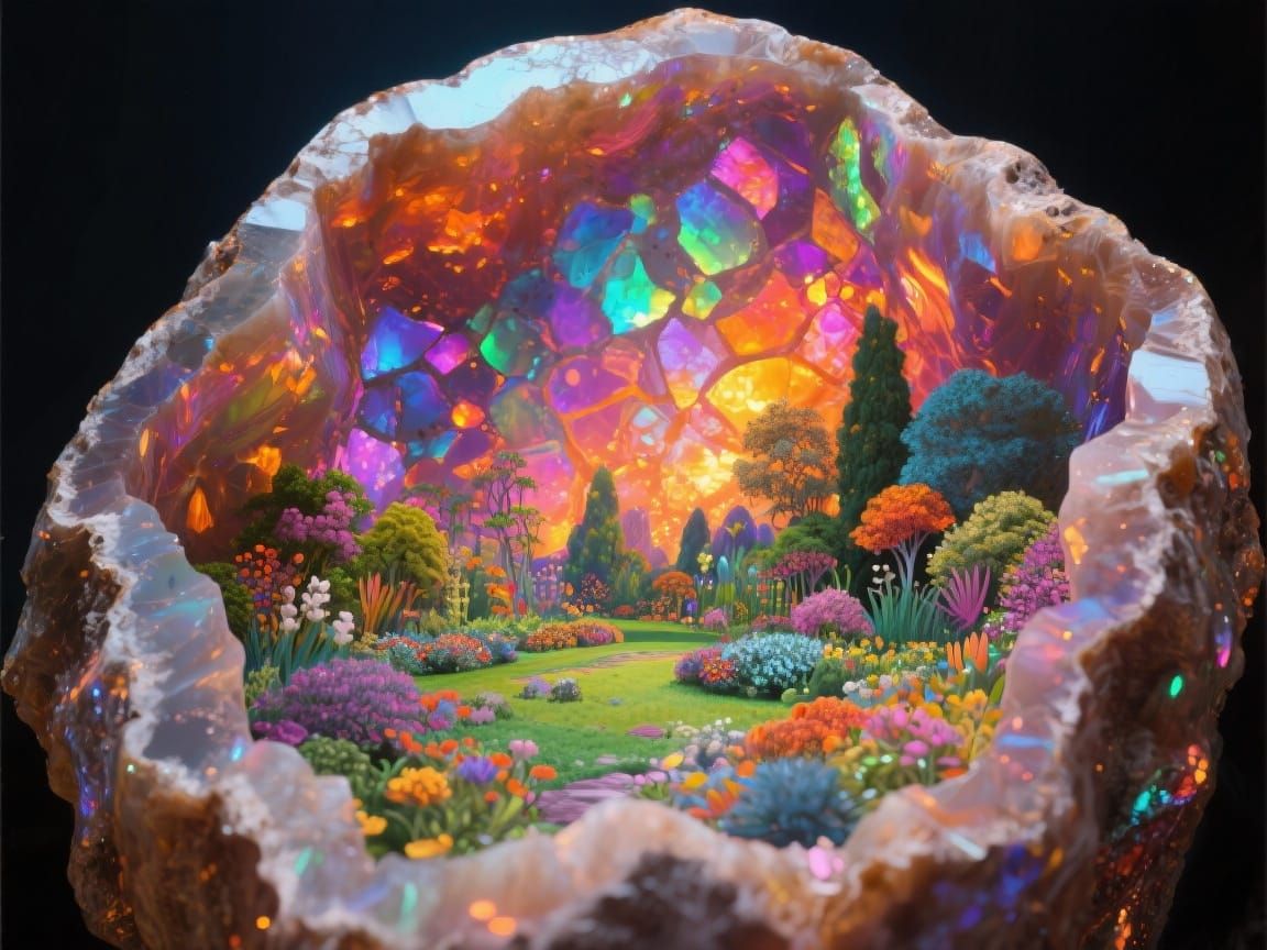 Iridescent Fire Opal Geode With 2D Garden Scene