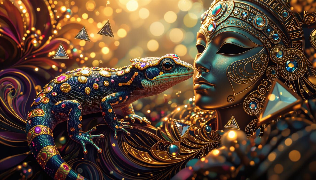 Art Nouveau Salamander with Gems and Flowing Gold