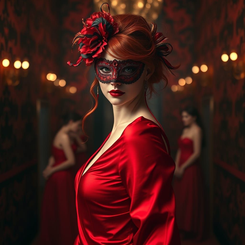 Red Masquerade Dress Portrait in Expressionist Style