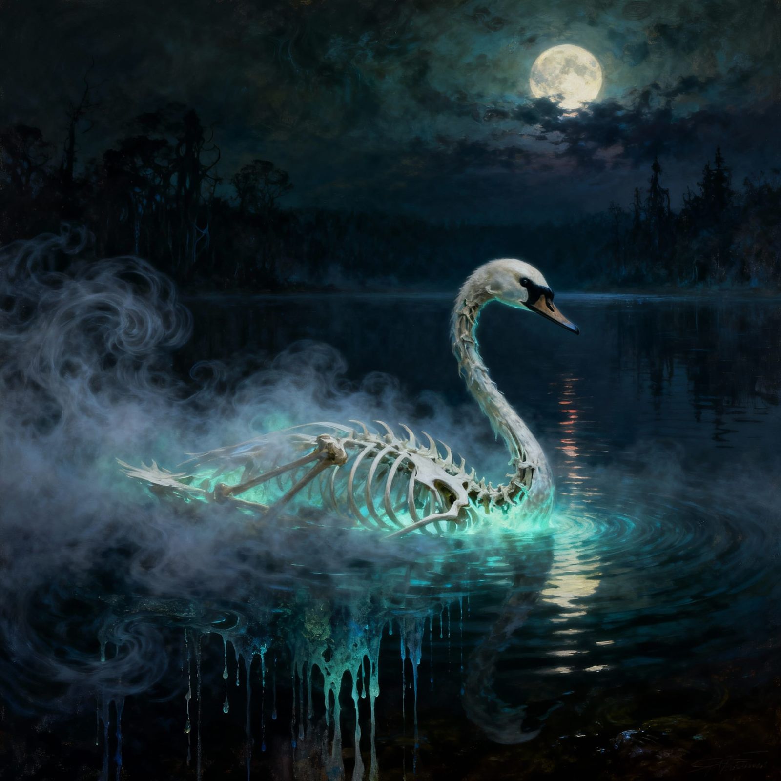 Skeletal Swan on Foggy Enchanted Lake in Gothic Style