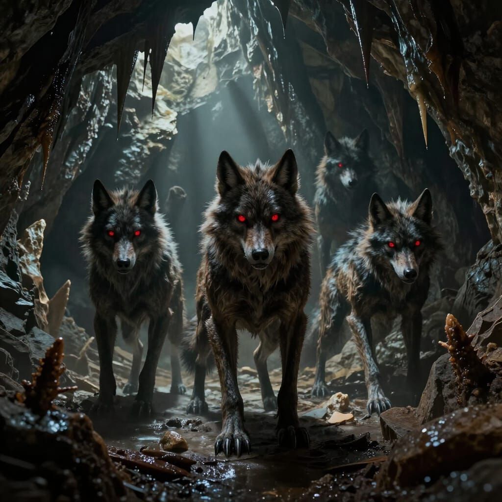 Creepy Cave with Aggressive Werewolves in Hyperrealistic Sty...