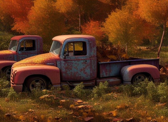 Autumn Truck Graveyard: Detailed Matte Painting