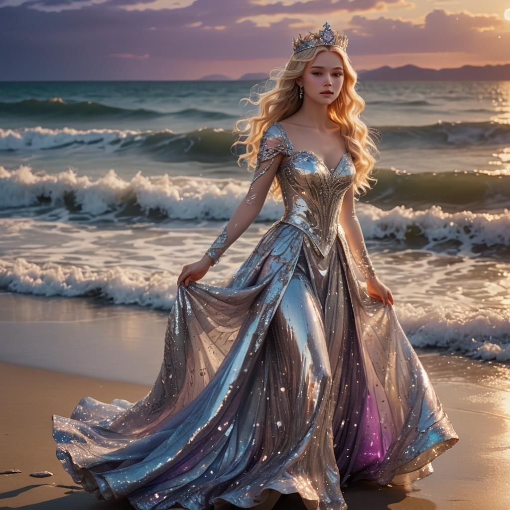 Ethereal Anime Princess in Silver Crown on Beach
