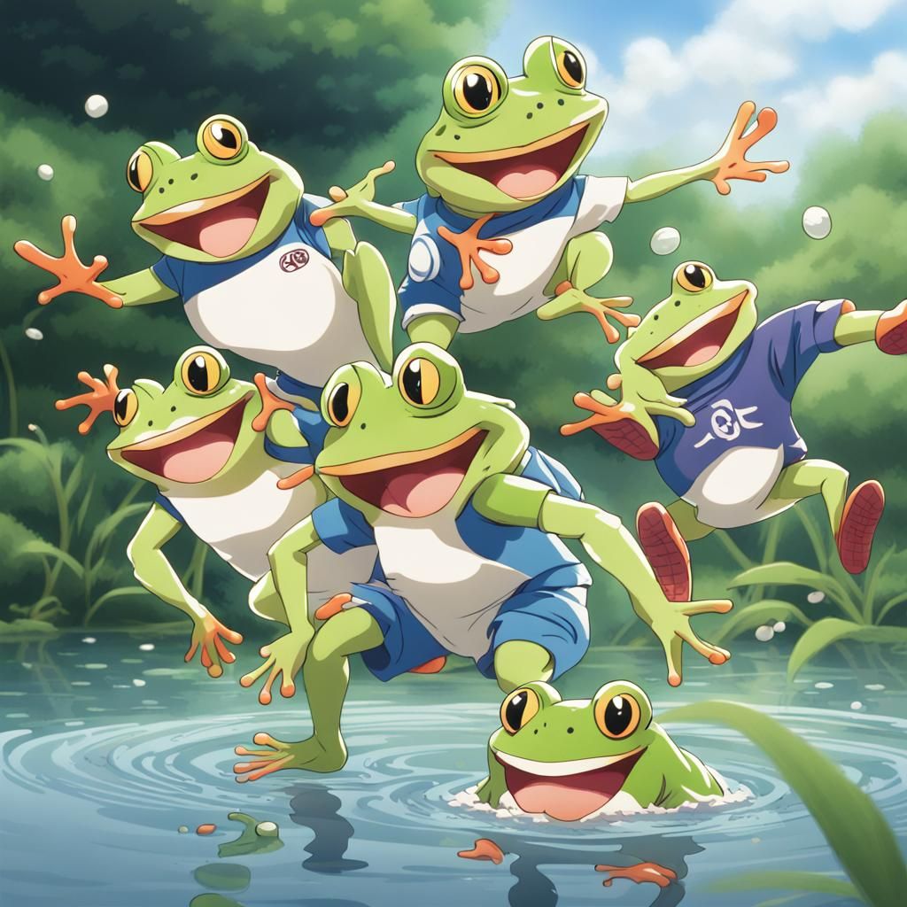 Frogs Jumping Contest in Pond as Anime Art