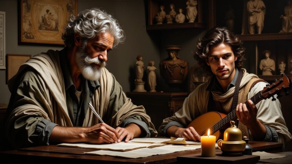 Michelangelo Writes Sonnet to Tommaso as Oil Painting