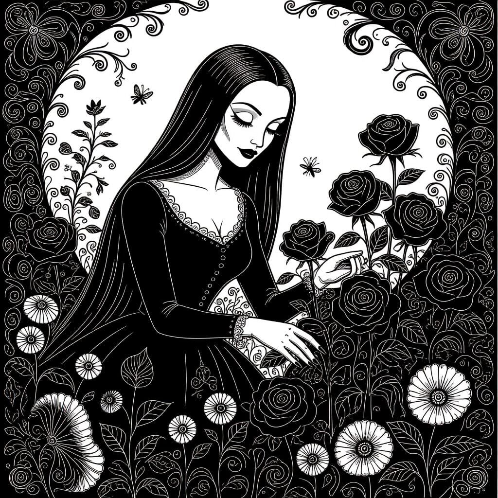 Morticia Addams' Garden: Black Roses in Ink