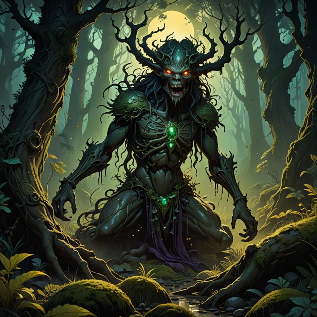Dark Fantasy Creature in Emerald Moonlight