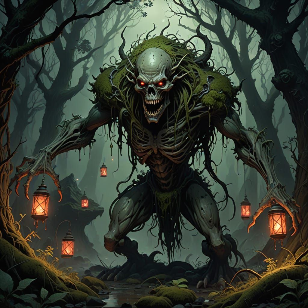 Dark Fantasy Creature Emerges from Twisted Undergrowth