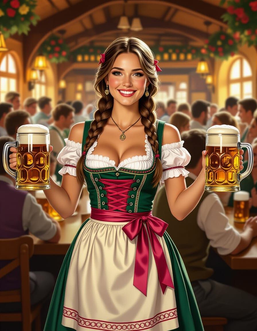 Waitress Serves Beer Steins in Bustling Oktoberfest Hall