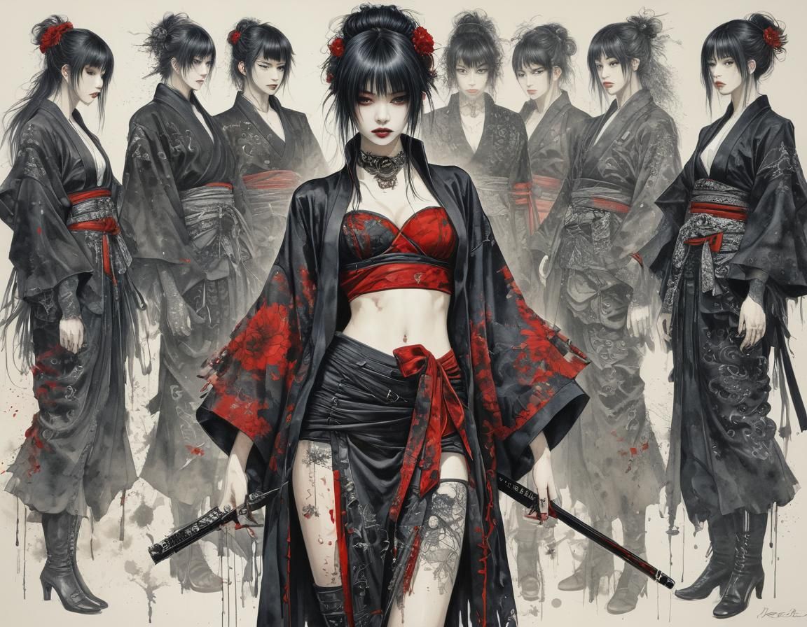 Woman in Punk Kimono: Watercolor and Pen Art