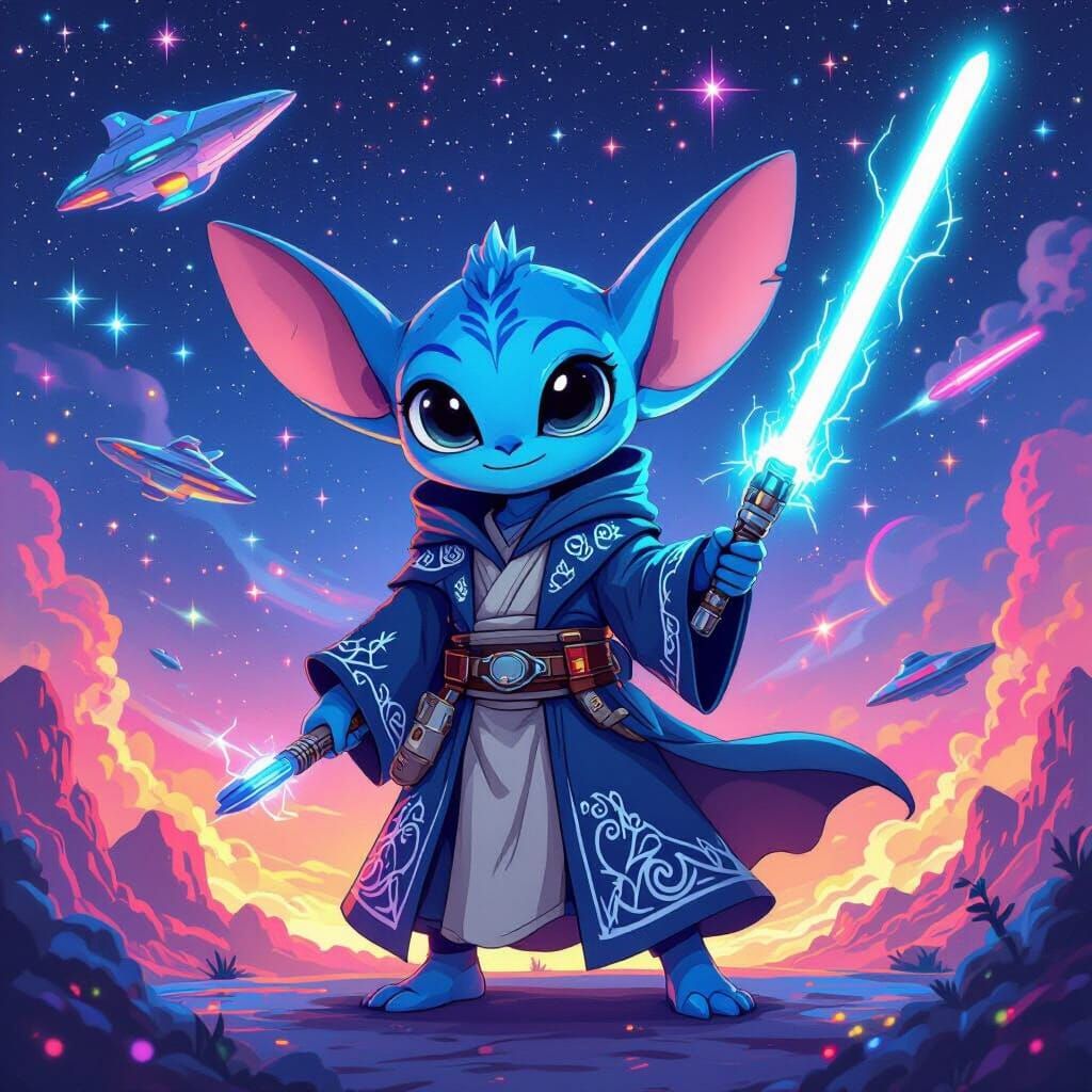 Mischievous Blue Alien Jedi in Galaxy