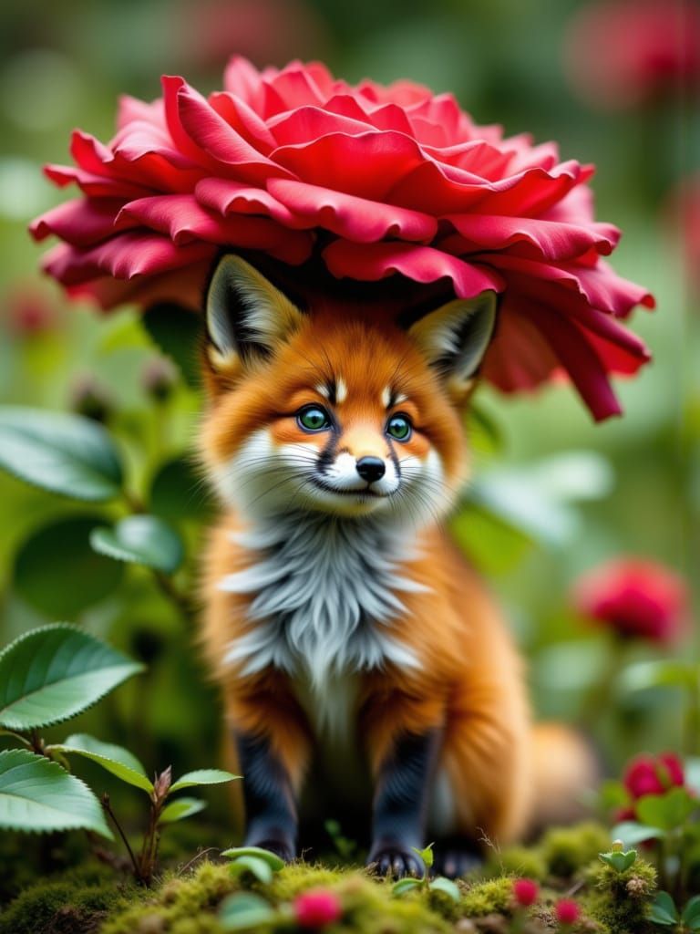 Tiny Fox Hides Under Giant Red Rose in Garden