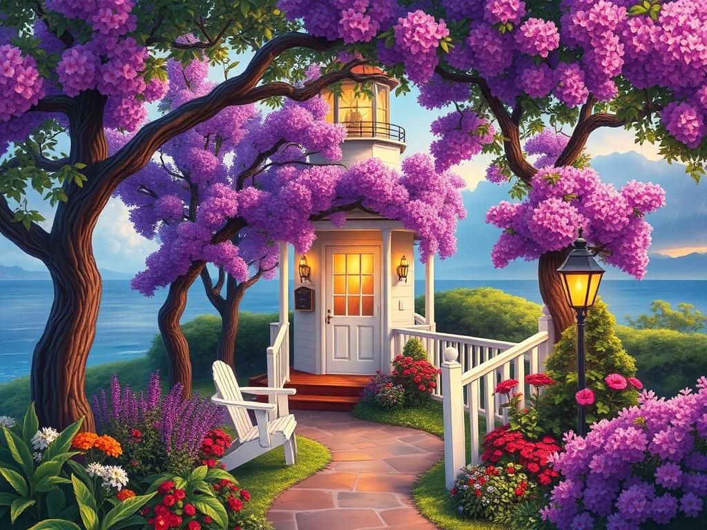 Serene Garden Lighthouse in Vivid Colors