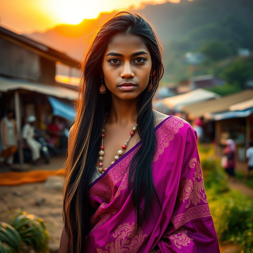 Sri Lankan Woman in Silk Chuba at Sunrise