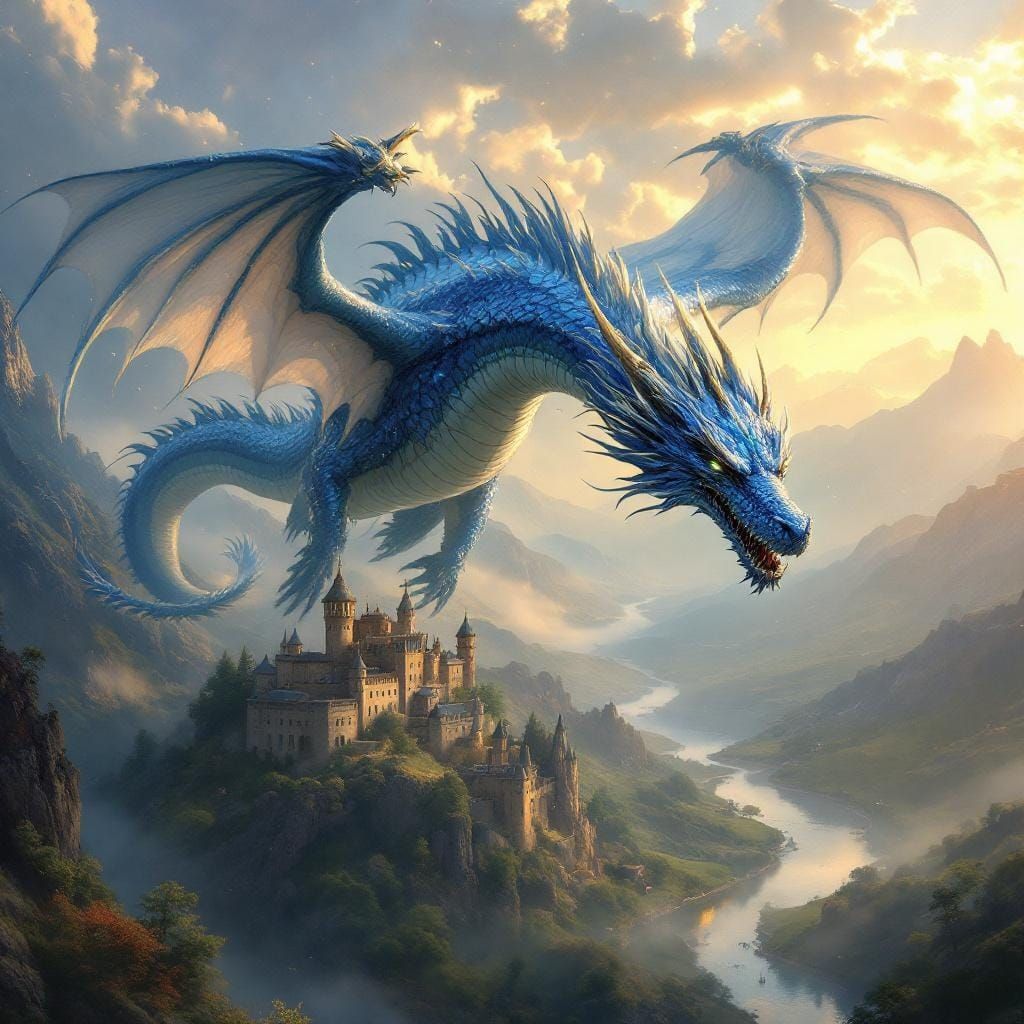 Iridescent Dragon Soaring Over Valley in Sunlight