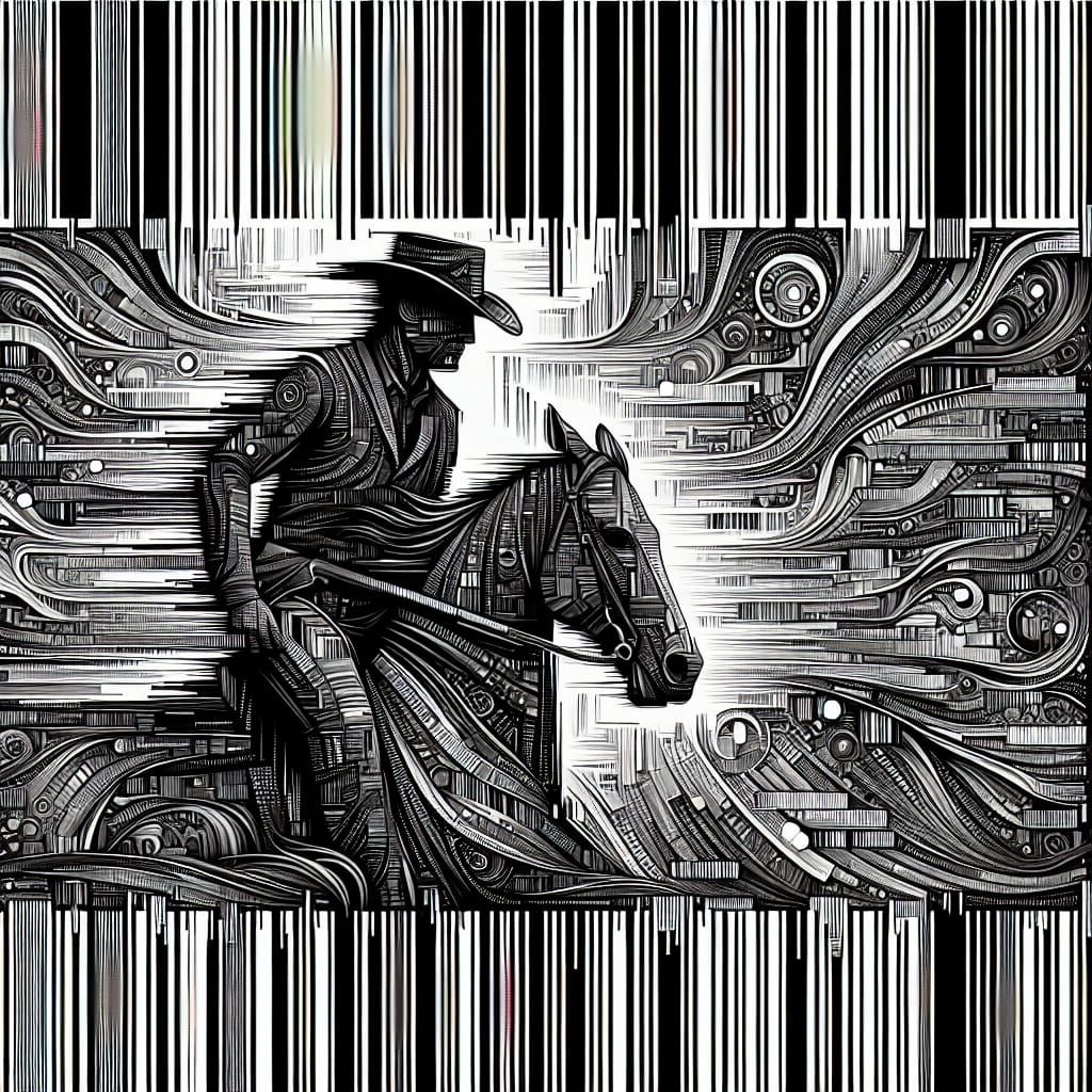 Barcode Art: Cowboy in Chaotic Western Scene
