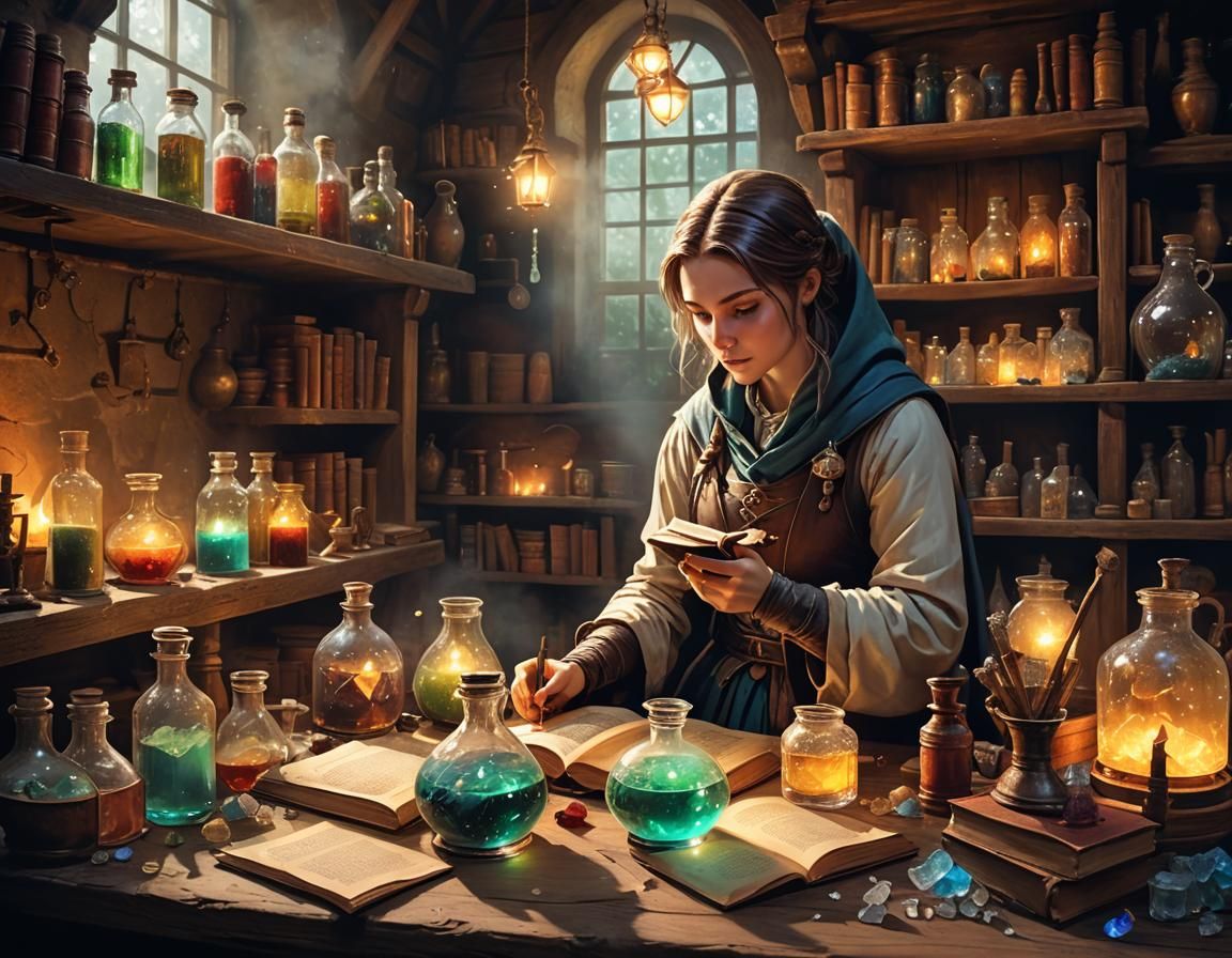 Fantasy Alchemist Studying Potions in Rustic Laboratory