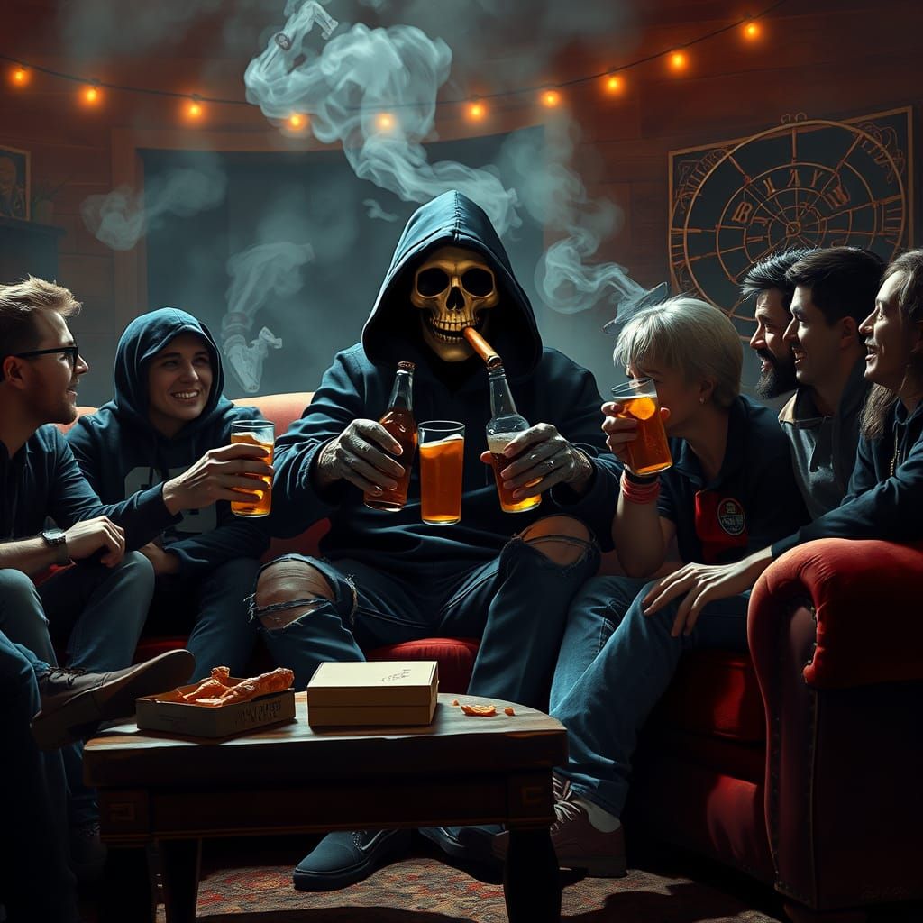 The Grim Reaper is hanging out with his friends, drinking beer, on a couch, cheering for a football team, the grim reape...