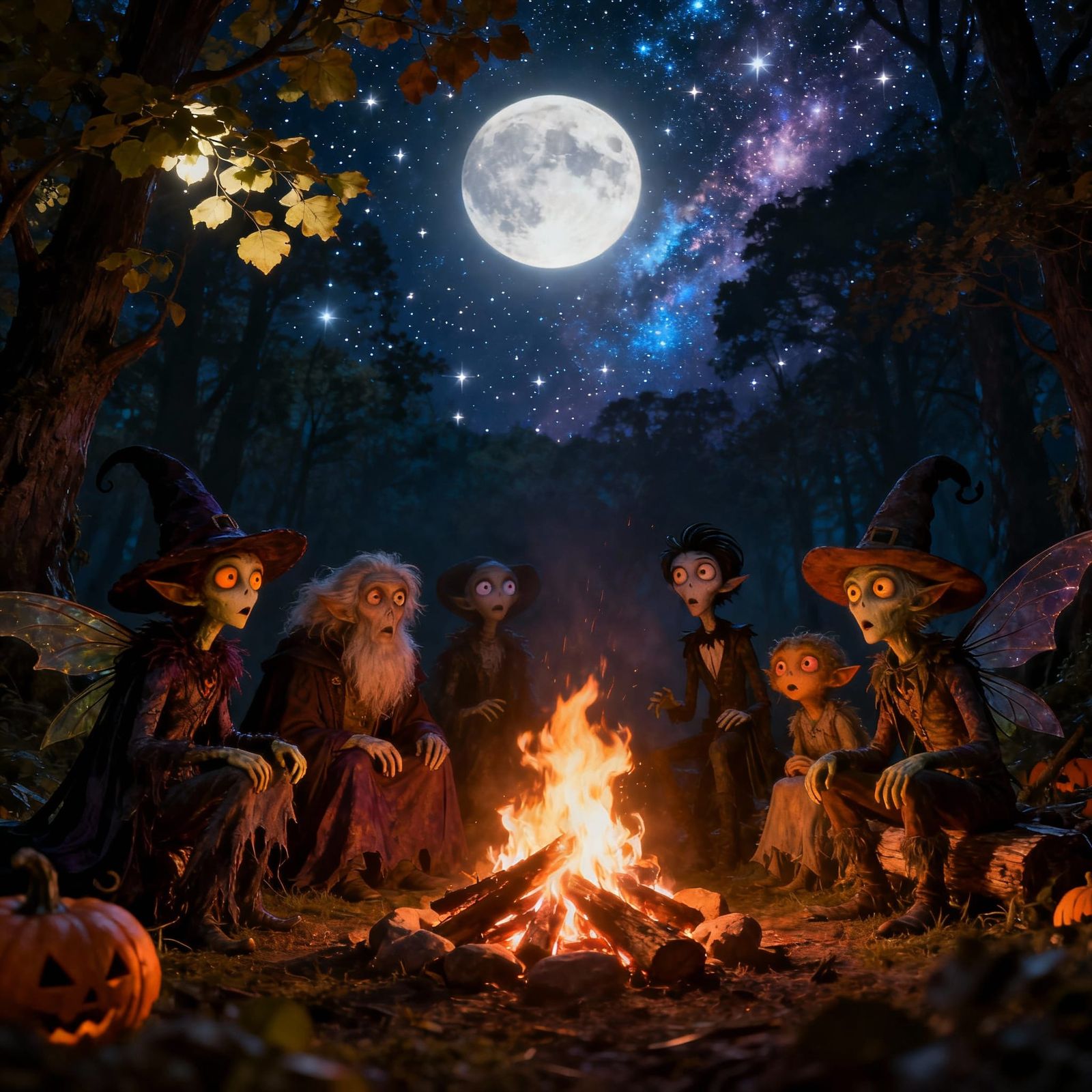 Mystical Halloween Spirits Around Campfire Under Galactic Sk...