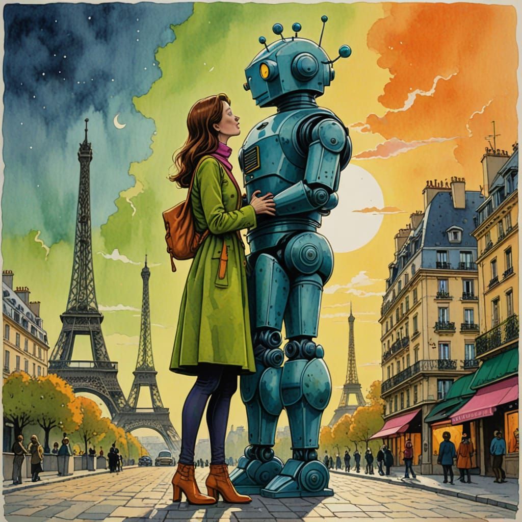Romantic Robot and Woman Kissing in Paris, Comic Book Art