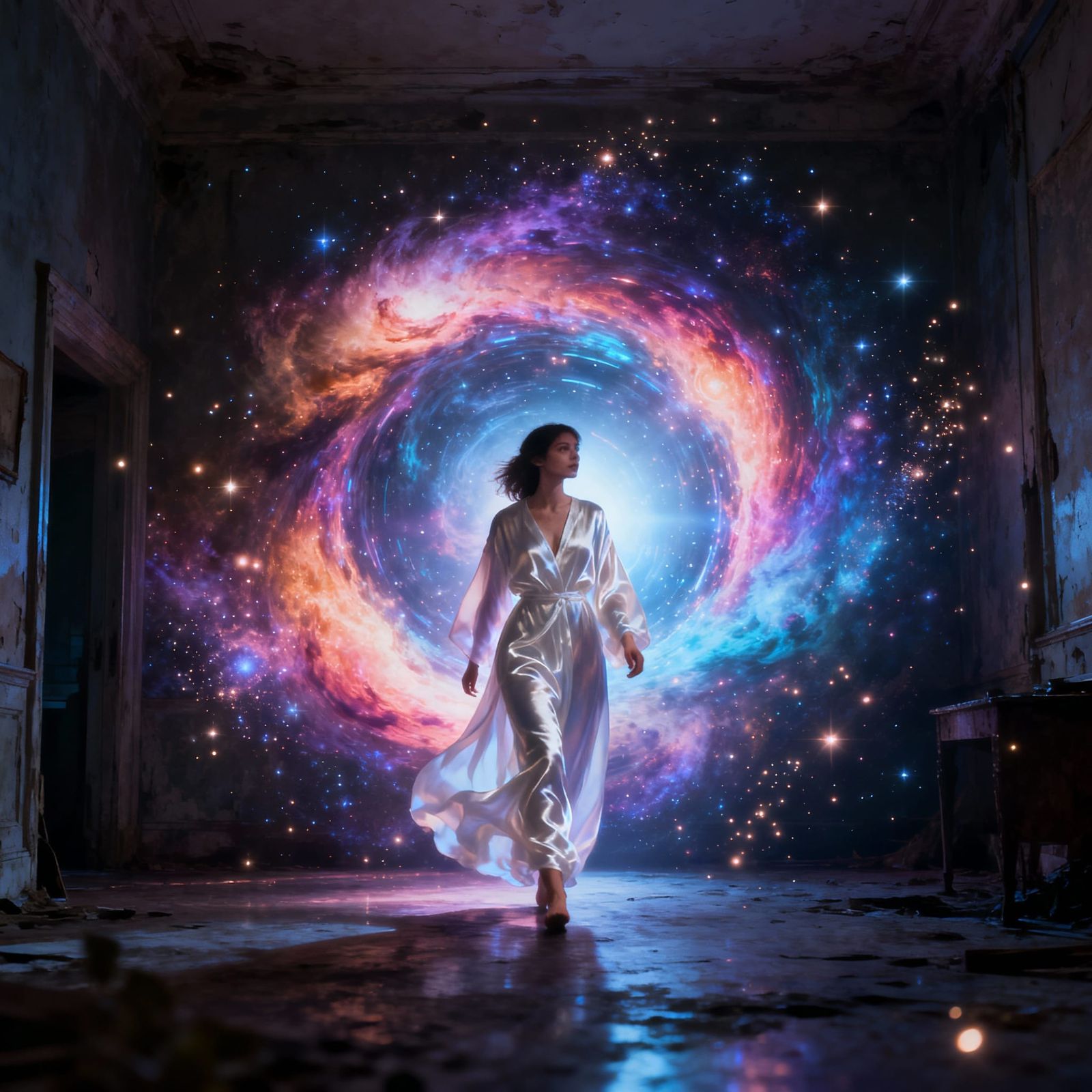 Woman Enters Cosmic Vortex in Cinematic Matte Painting