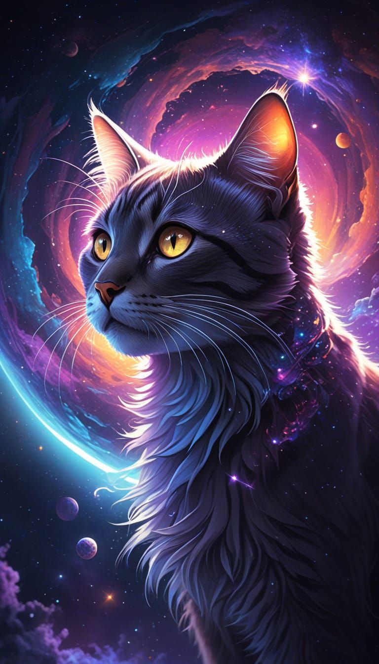 Curious Cat Explores Cosmic Portal in Vibrant Digital Painti...