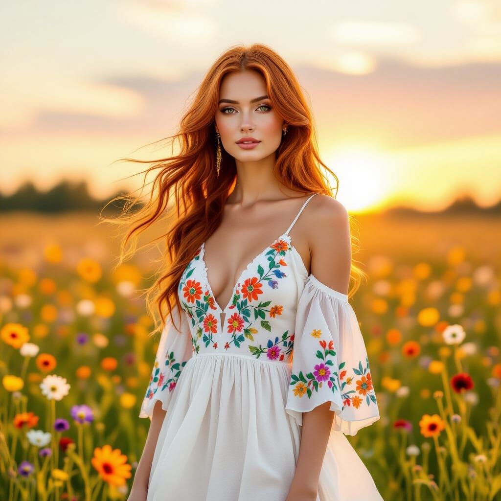 Woman in Wildflower Field: Neo-Impressionist Style