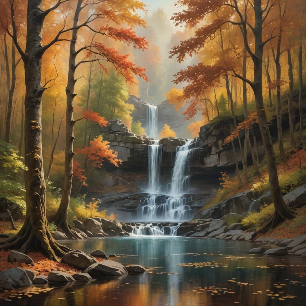 Romantic Waterfall Landscape in Oil Paint Style