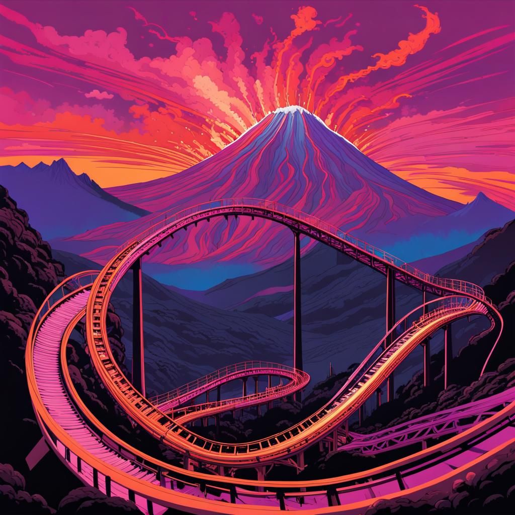 Dramatic Rollercoaster Ride Amidst Volcanic Eruption