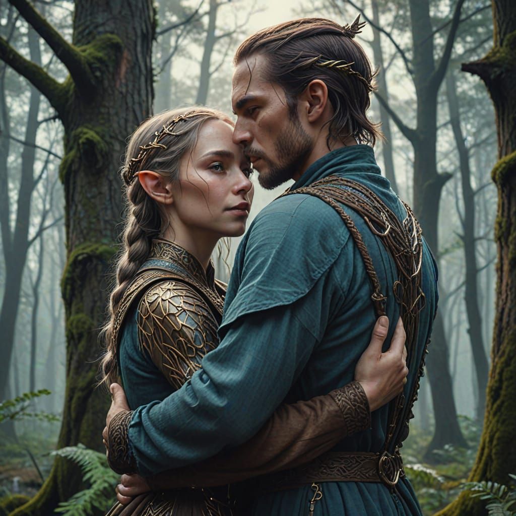 Elven Lovers Embrace in Ethereal Ancient Forest