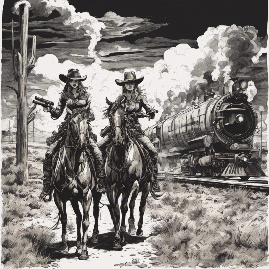 Cowgirls Robbing Train in Post-Apocalyptic Ink Drawing