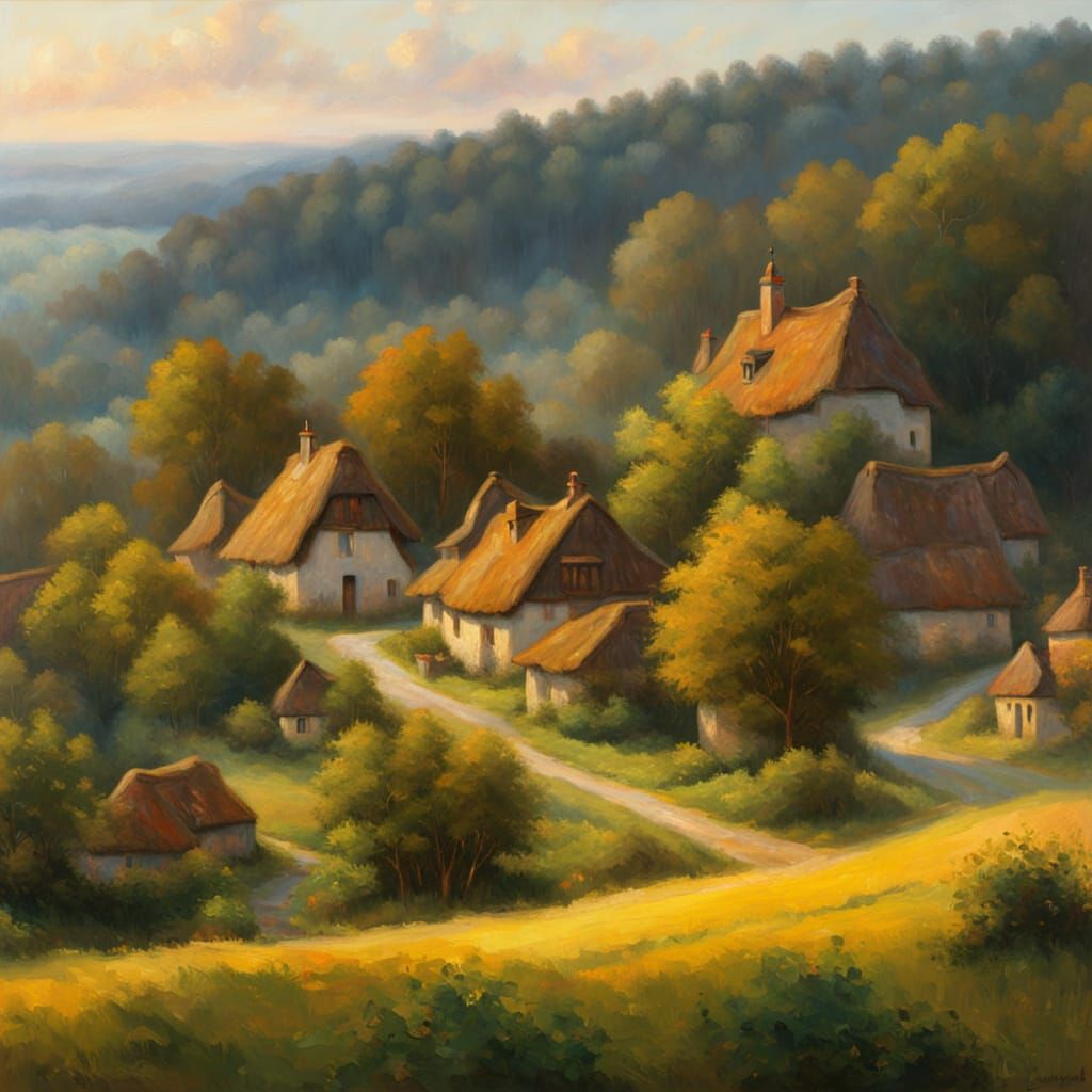 Idyllic Village at Forest Edge in Baroque Impasto Style