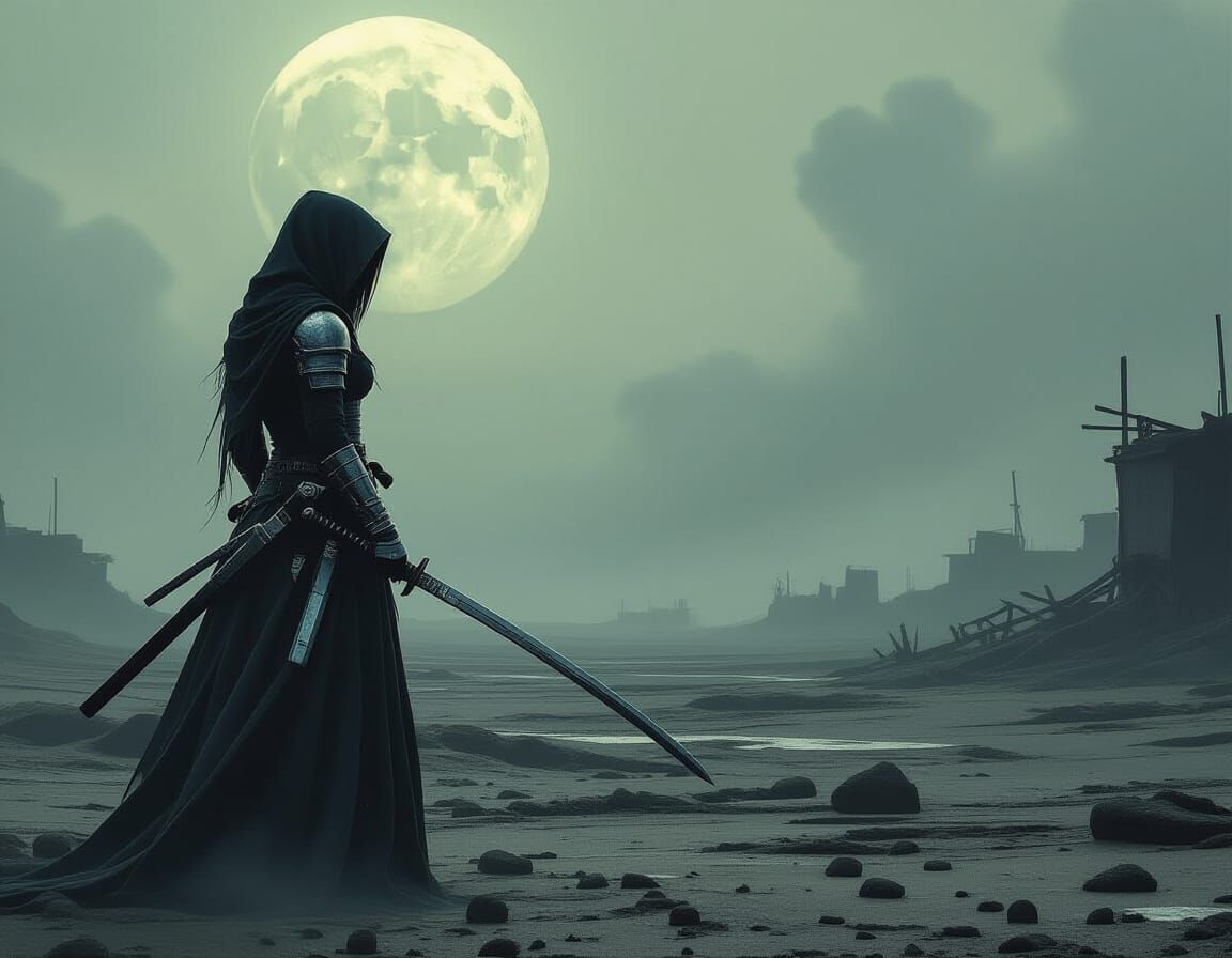 Shadowy Ninja in Desolate Wasteland with Gleaming Katana
