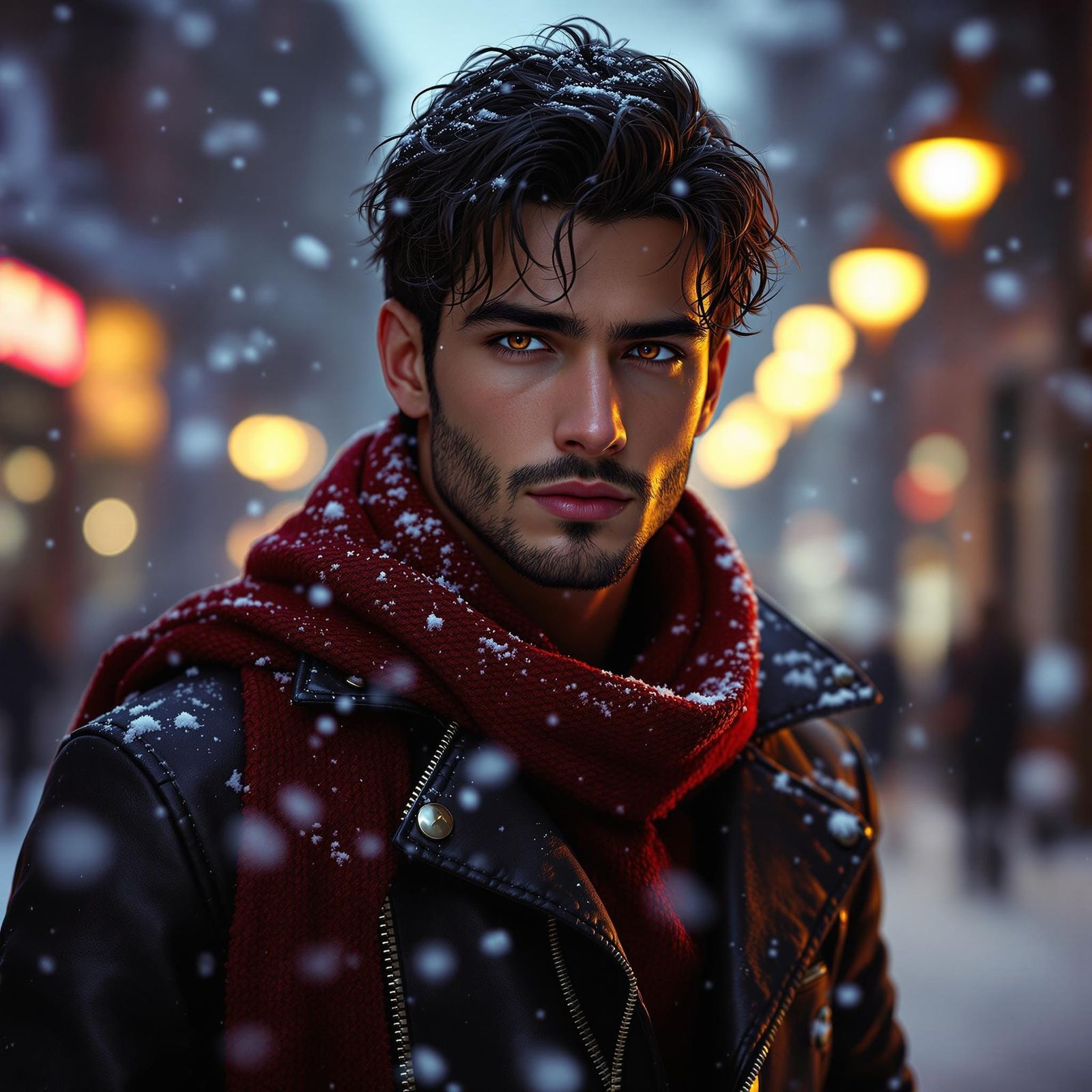Chiseled Italian Athlete Stands Majestically in Snowy Street...
