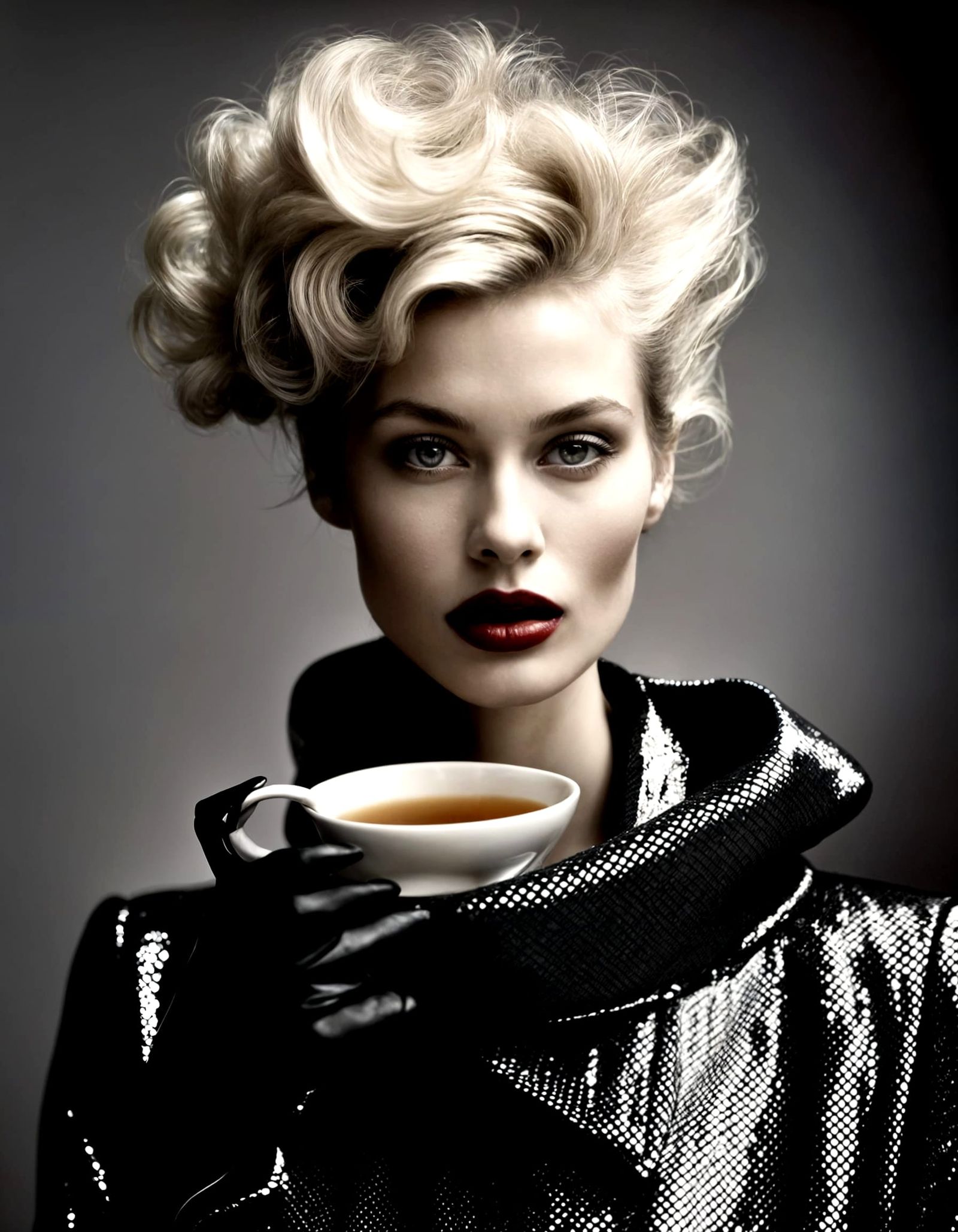 Beautiful Woman Enjoying Tea in Cafe, Photorealistic Portrai...